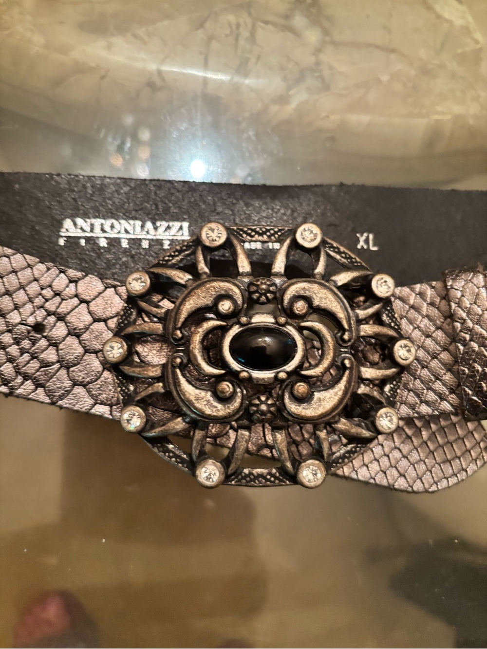 Metallic Bronze Snake-Pattern Wide Belt with Ornate Buckle - XL genuine leather